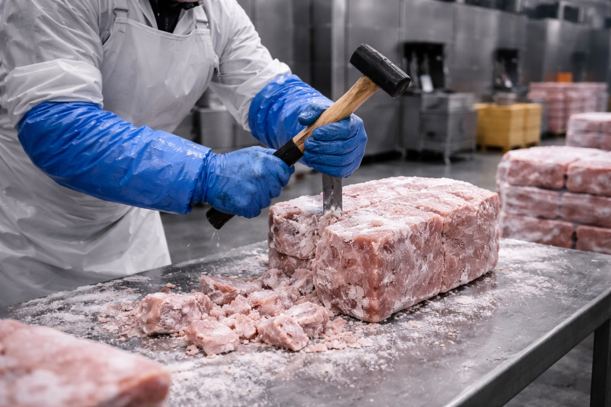 quebra manual de blocos de carne congelada em frigorífico